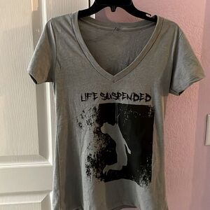 “Life Suspended” Vneck T-shirt, Size L and long. Edgy, Body Suspension theme